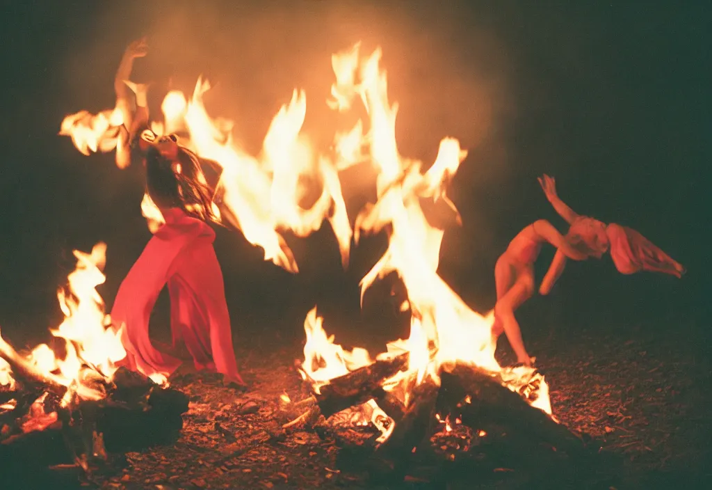 Image similar to lomo photo of young woman dancing and writhing in ecstasy around a fire as the dark ritual begins, cinestill, bokeh, out of focus