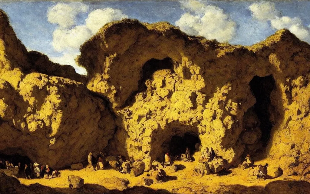 Prompt: a cave of rocks with a restaurant inside, tables, hay bales instead of chairs, a red carpet on the ground, light, details, gustave courbet