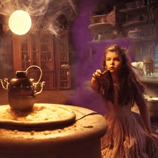 Image similar to teen witch mixing a spell in a cauldron, wispy smoke, studio lighting, a tabby cat watches her work, light is coming out of the cauldron, ingredients on the table, apothecary shelves in the background, still from the tv show just add magic
