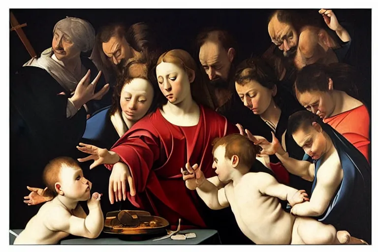 Prompt: A holy painting on an altarpiece of pop culture memes by Caravaggio,