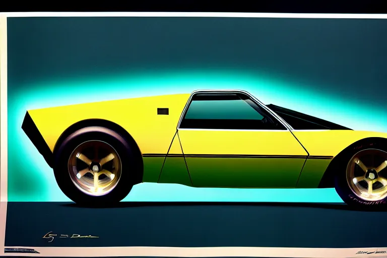 Image similar to designed by syd mead stylized poster of a single 1 9 6 9 amc amx / 3 citroen ds bmw m 1 concept, thick neon lights, ektachrome photograph, volumetric lighting, f 8 aperture, cinematic eastman 5 3 8 4 film