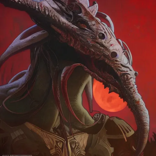 Image similar to ultra detailed vector image of predator yautja, concept art by alphonse mucha and greg rutkowski, scary shadows, blood moon eclipse, polaroid octane render, laminal space