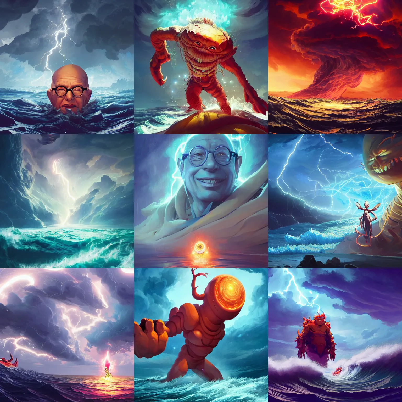 Prompt: klaus schwab as a cosmic monster in a stormy sea, lightning in the background, high detail painting, by jesper ejsing, by rhads, makoto shinkaih and lois van baarle, ilya kuvshinov, rossdraws global illumination, cinematic