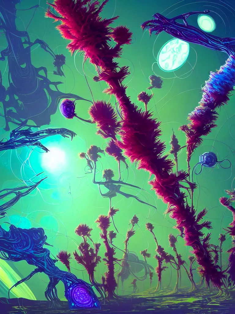 Image similar to concept art. illustration. sci - fi. multicoloured strange weird plants and flowers from a different alien planet. high sci - fi. holographic, beautiful, ethereal