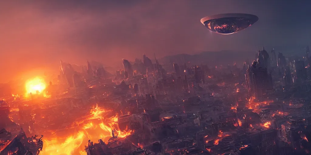 Prompt: an alien floating above a burning city, realistic 4 k octane beautifully detailed render, 4 k post - processing, highly detailed, intricate complexity, epic composition, magical atmosphere, cinematic lighting, masterpiece, ultra hd