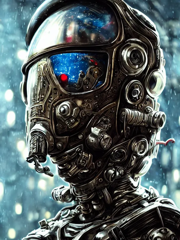Image similar to portrait art of 8k ultra realistic retro futuristic zombie astronaut , galaxy reflected helmet , detailed intricate ornate armour,blade runner, cybernetic, full of colour, cinematic lighting, battered, trending on artstation, 4k, hyperrealistic, focused, extreme details,unreal engine 5, cinematic, masterpiece, art by ayami kojima, giger