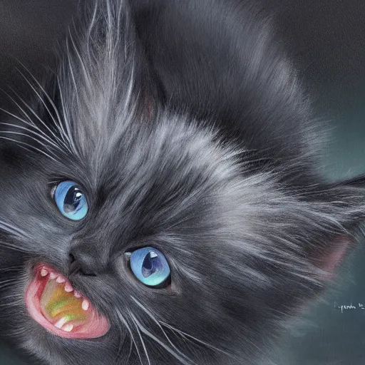 Image similar to hybrid animal cross between cute fluffy black kitten and cute fluffy bat detailed painting 4 k