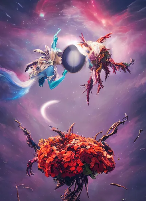 Image similar to An epic fantastic realism comic book style painting of the most beautiful entwined flowers launched across the dark galactic night sky, nebulous bouquets, fisheye lens, unreal 5, DAZ, hyperrealistic, octane render, dynamic lighting