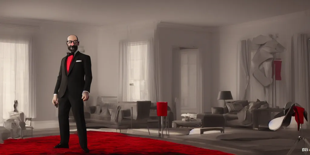 Prompt: gorgeous 3d render of VSauce in a tuxedo and red bow tie ominously standing in a living room, realistic volumetric lighting, realistic reflections, rendered by Octane, highly realistic, 4k wallpaper, trending on Artstation, by Yoshitaka Amano