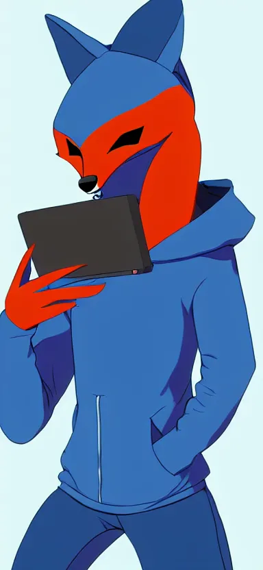 Image similar to a concept art of anthropomorphic fox in a blue hoodie hacking a portable computer, artstation, digital art, oc commission, style by studio trigger