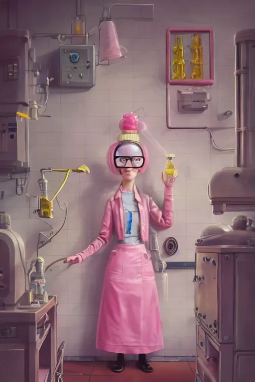 Prompt: highly detailed, industrial portrait of beautiful cute adult princess bubblegum from adventure time, experimenting in her science lab, wearing lab coat and safety glasses, bubblegum hair, depth of field, illustration, concept art by nicoletta ceccoli, mark ryden, lostfish, detailed and intricate environment, 8 k resolution, hyperrealistic, octane render