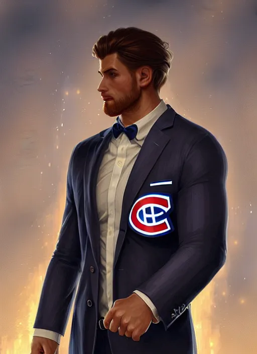 Image similar to ultra realistic illustration, handsome habs player. intricate, sainte flanelle suit, highly detailed, digital painting, artstation, concept art, smooth, sharp focus, illustration, art by artgerm and greg rutkowski and alphonse mucha and wlop