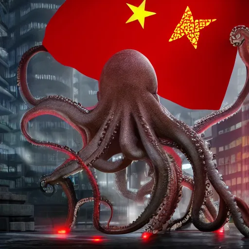 Prompt: Illustration of the Chinese communist party as a dirty octopus with lots of tentacles, dystopian, dirty, 3d shaded, cyberpunk, volumetric lighting, cgsociety, octane render, imax, highly detailed, 8k, hyperrealism