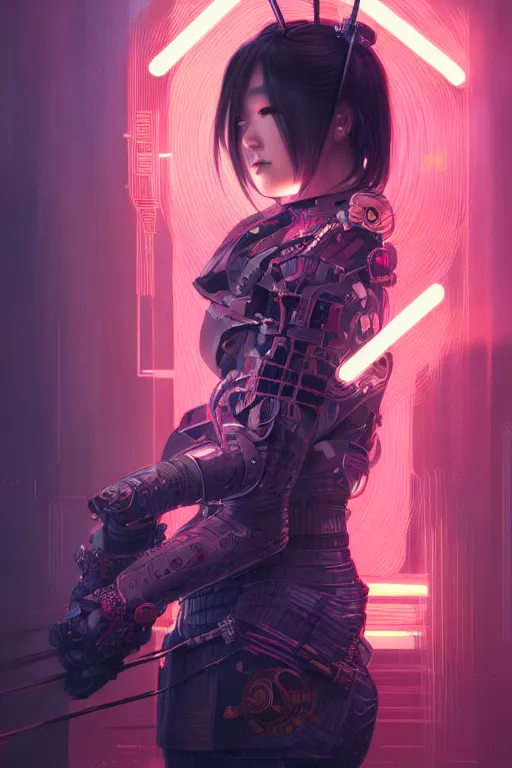 Prompt: portrait futuristic Samurai Girl, in future cyberpunk tokyo rooftop , ssci-fi, fantasy, intricate, very very beautiful, elegant, neon light, highly detailed, digital painting, artstation, concept art, smooth, sharp focus, illustration, art by tian zi and WLOP and alphonse mucha