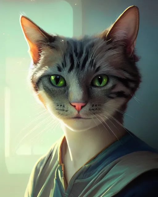 Image similar to highly detailed surreal vfx portrait of an adorable cat, stephen bliss, unreal engine, greg rutkowski, loish, rhads, beeple, makoto shinkai and lois van baarle, ilya kuvshinov, rossdraws, tom bagshaw, alphonse mucha, global illumination, detailed and intricate environment