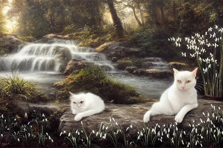 Image similar to a black and white cat sleeping next to a waterfall, surrounded by common snowdrops, golden hour, painting Mark Keathley