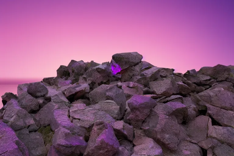 Image similar to rocks falling off a cliff in the evening, purple glow