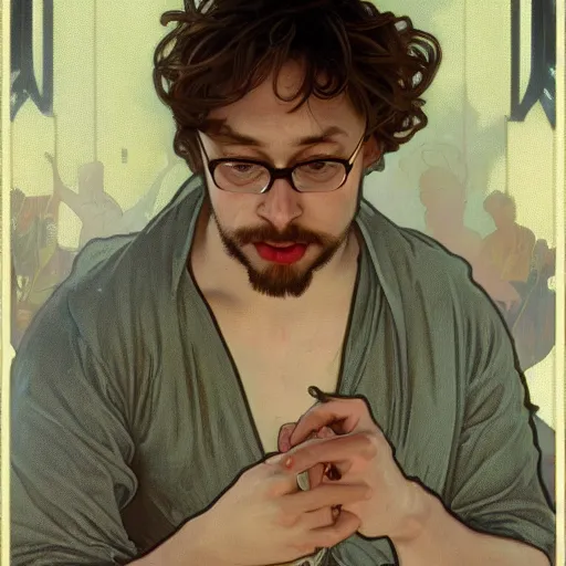 Image similar to Sam Hyde smoking a cigarette, portrait art by alphonse mucha and greg rutkowski, highly detailed, digital painting, concept art, illustration, dim lighting with twilight rays of sunlight, trending on artstation, very detailed, smooth, sharp focus, octane render