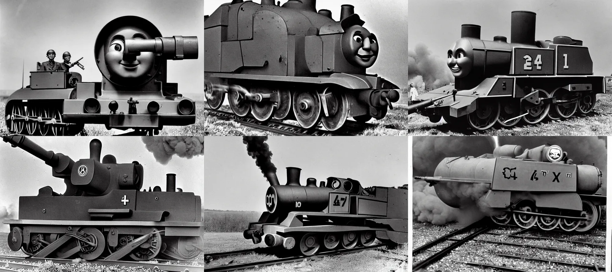 Image similar to WW2 era photograph, the face of Thomas the tank engine on a 800mm German super-heavy-mortar with a huge gun barrel shooting