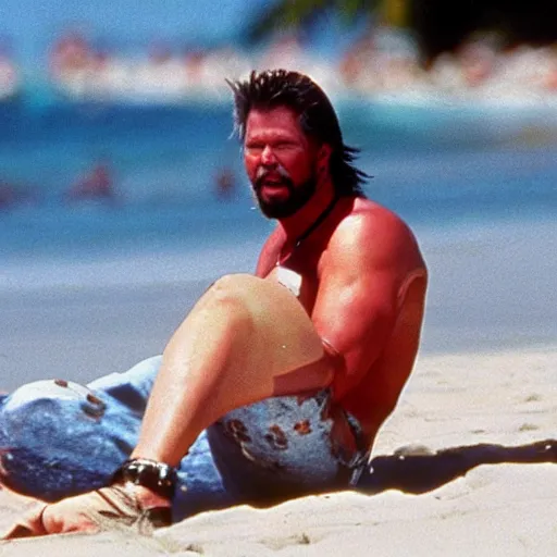 Prompt: kevin nash relaxes on the beach during the red hot summer of 1 9 9 2, forboding mood, camcorder effect