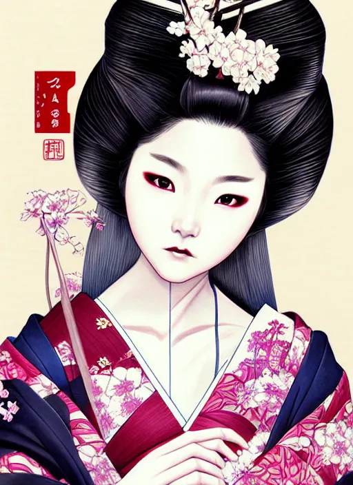 Image similar to lovely japanese geisha, character portrait, sketch, concept art, intricate details, highly detailed photorealistic, portrait, in the style of adam hughes, seseon yoon, artgerm and warren louw