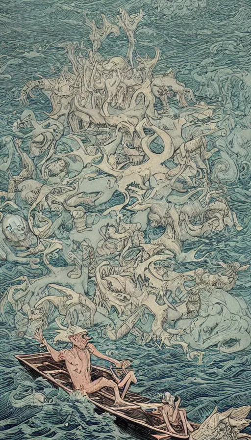 Image similar to man on boat crossing a body of water in hell with creatures in the water, sea of souls, by james jean