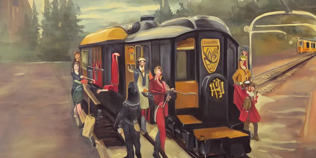 Image similar to mysterious painting of Hogwarts train and a beautiful female conductor