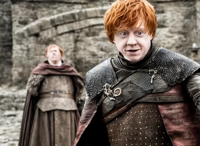 Image similar to ron weasley as thehnellor in game of thrones, rupert grint as thehnellor in game of thrones, handsome portrait of the actor, live action film, cinematic photo, clear hd image