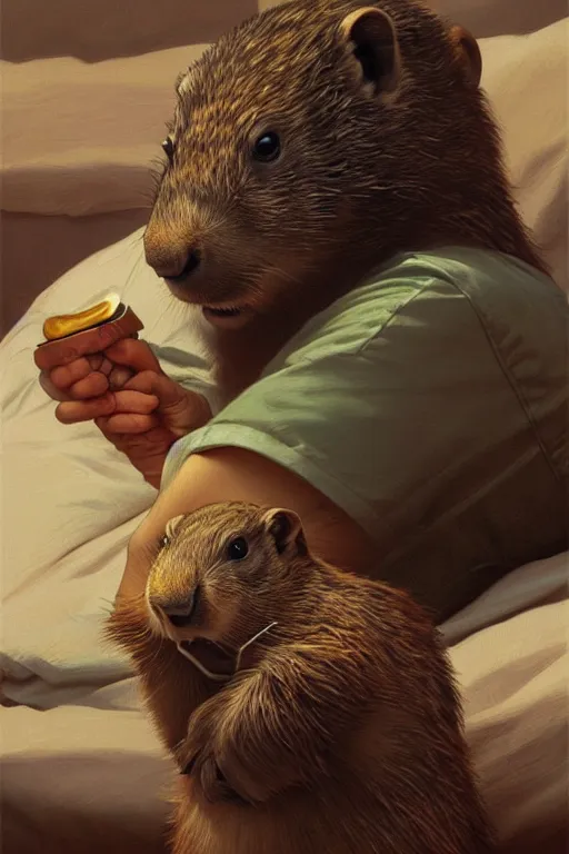 Prompt: groundhog smoking pot in a bed, realistic portrait, highly detailed, digital painting, artstation, concept art, smooth, sharp focus, illustration, cinematic lighting, art by artgerm and greg rutkowski and alphonse mucha