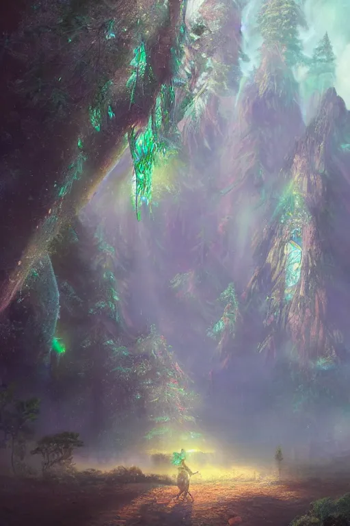 Prompt: a fairy huge sequoia, iridescent crystals on the ground, rays of light, atmospheric, matte-painting, trending on artstation