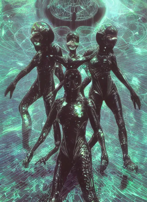 Image similar to astronauts girls in dark void underwater - complex and hyperdetailed technical suit design. reflection and dispersion materials. rays and dispersion of light. volumetric light. f / 3 2. noise film photo. flash photography. ultra realistic, 5 0 mm. poster by wayne barlowe, hajime sorayama aaron horkey, craig mullins