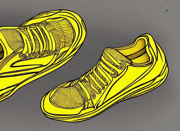 Image similar to sneaker concept, wth short golden lines, yellow details, highly detailed, digital art, sharp focus, trending on art station, anime art style