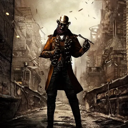 Prompt: a man in steampunk armor wanders through a deserted city, dystopian, dark, cinematic, fine detail