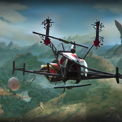 Image similar to pudge hooking gyrocopter with chen helping in background, unreal 5, high detailed, fantasy matte painting, super wide angle