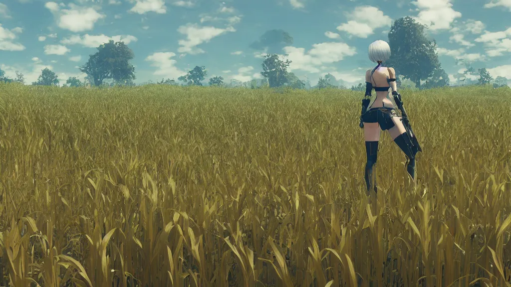 Image similar to Screenshot from Nier Automata in a beautiful countryside corn field