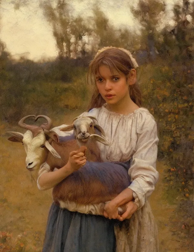 Image similar to portrait of peasant girl holding goat in her hands, cottage core, cinematic focus, polaroid photo bleached vintage pastel colors high - key lighting, soft lights, foggy, by steve hanks, by lisa yuskavage, by serov valentin, by tarkovsky, 8 k render, detailed, oil on canvas