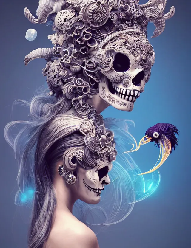 Image similar to 3 d goddess skull half - turn portrait with long hair with ram skull. beautiful intricately detailed japanese crow kitsune mask and clasical japanese kimono. betta fish, jellyfish phoenix, bio luminescent, plasma, ice, water, wind, creature, artwork by tooth wu and wlop and beeple and greg rutkowski