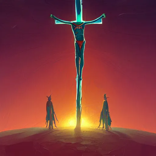 Image similar to an alien getting crucified while people stare at it, fantasy, intricate, elegant, highly detailed, digital painting artstation, blender, unreal engine 5, octane render, smooth, sharp focus, illustration, by Anton Fadeev and Philipp A. Urlich and Pengzhen Zhang and Andreas Rocha