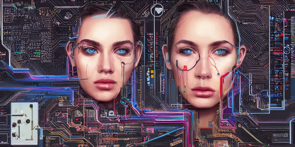 Prompt: portrait of computer & circuits, computer virusm, 8 k, by tristan eaton, trending on deviantart, face enhance, hyper detailed, minimalist, super detailed, cinematic, unreal engine, octane render, chalk texture on canvas