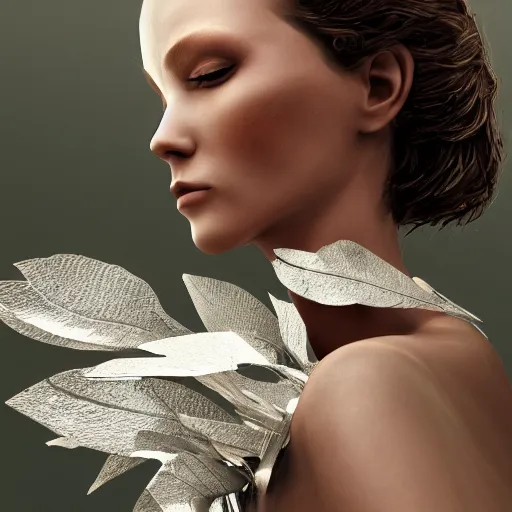 Image similar to a highly detailed digital image of a futuristic woman elegantly wrapped with leaves which are made of silver, by Andrea Chiampo, artstation and Frederik Heyman, extremely detailed woman, stunning volumetric lighting, hyper realism, fantasy 4k