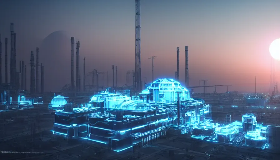 Image similar to combined cycle futuristic powerplant, blue led lights, sunrise, hyperdetailed, artstation, cgsociety, 8 k