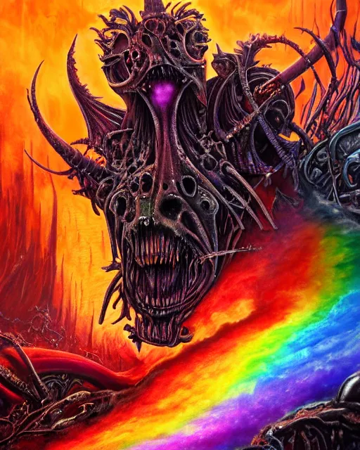 Image similar to charred bloody fleshmetal cyborg daemonhost psychedelic rainbow flamer of tzeentch, by antonio j. manzanedo, giger, alex grey, android jones, wayne barlowe, philippe druillet, raymond swanland, cyril rolando, josephine wall, harumi hironaka, cronenburg, trending on artstation