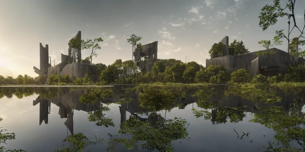 Prompt: an extremely detailed cathedral of brutalist architecture, surrounded by lush green forest, accurate reflections in murky ponds of water, stunning volumetric lighting, sunset, rusted steel, smooth concrete, stunning skies, trending on Artstation, 8k, photorealistic, hyper detailed, unreal engine 5, IMAX quality, cinematic, epic lighting, in the style of Greg Rutkowski