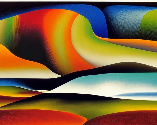 Prompt: An insane, modernist landscape painting. Wild energy patterns rippling in all directions. Curves, organic, zig-zags. Saturated color. Mountains. Clouds. Rushing water. Georgia O'Keeffe. Dali.