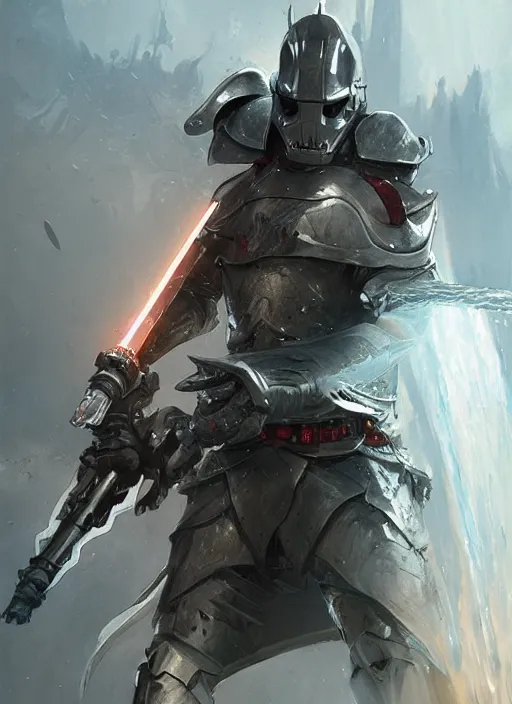 Image similar to a shark wearing knight armor and a lightsaber, fantasy, digital portrait, scifi, realistic, detailed, concept art, comics, ruan jia, wlop