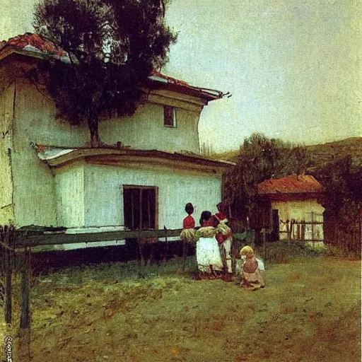 Prompt: A family in front of their Simple house, by Ilya Repin, vintage shading