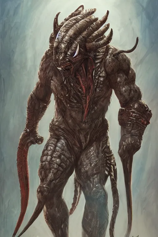 Prompt: beautiful clean acrylic painting of predator huntinf, prey, yautja, concept art by andy park, detailed, stunning
