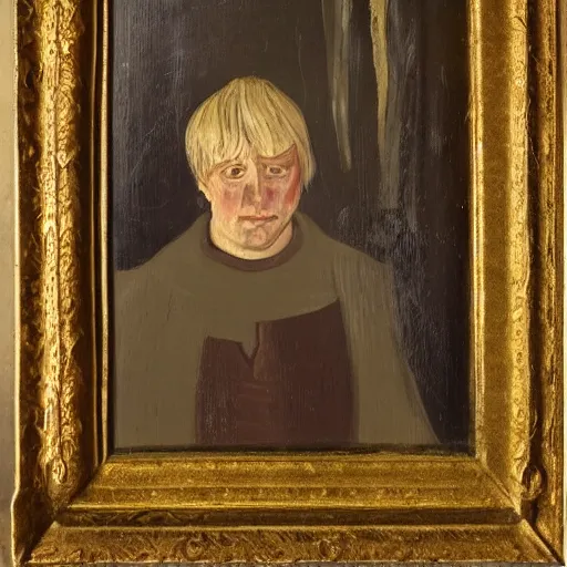 Image similar to boris johnson as a peasant from 1 2 th century england, exhibited in the british museum, oil on canvas, art, restored painting, 1 2 th century