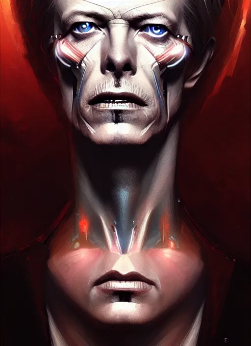 Image similar to portrait of a david bowie cyborg, victorian, concept art, detailed face, fantasy, close up face, highly detailed, cinematic lighting, digital art painting by greg rutkowski