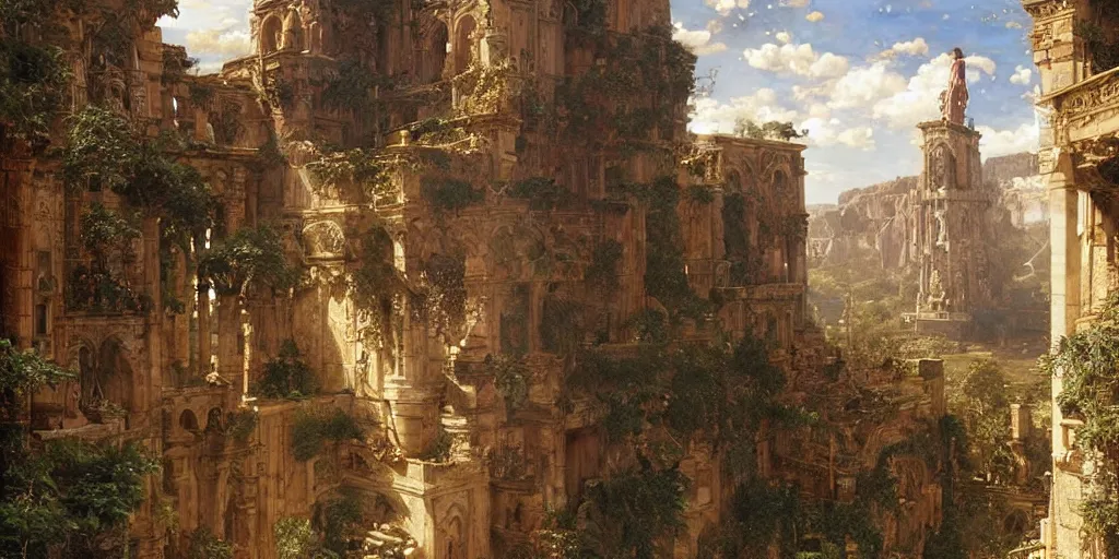 Image similar to tons of people jumping off of a huge biblical tower, golden ratio composition, sense of awe, art by ferdinand knab, greg rutkowski, john william waterhouse, religious, sunlight, highly detailed, intricate details